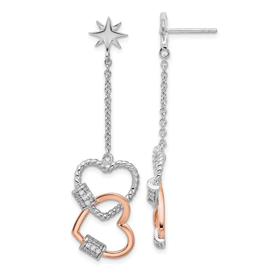 Sterling Silver Rose-tone Cubic Zirconia Hearts Dangle Post Earrings