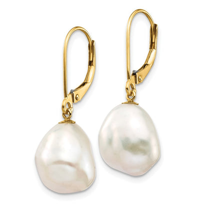 14k Yellow Gold 10x12mm White Keshi Freshwater Cultured Pearl Dangle Earrings