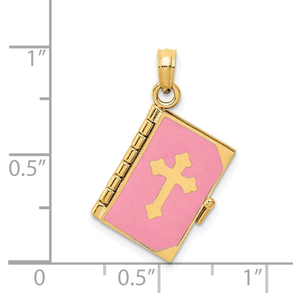 14k Yellow Gold 3D Pink Enameled Lord's Prayer Bible Pendant
