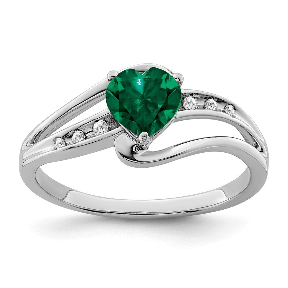 Sterling Silver Rhodium-plated Created Emerald and Diamond Ring Size 6
