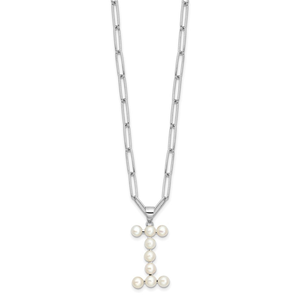 Sterling Silver 3-5.5mm White Button Cultured Pearl LETTER I Necklace 18"