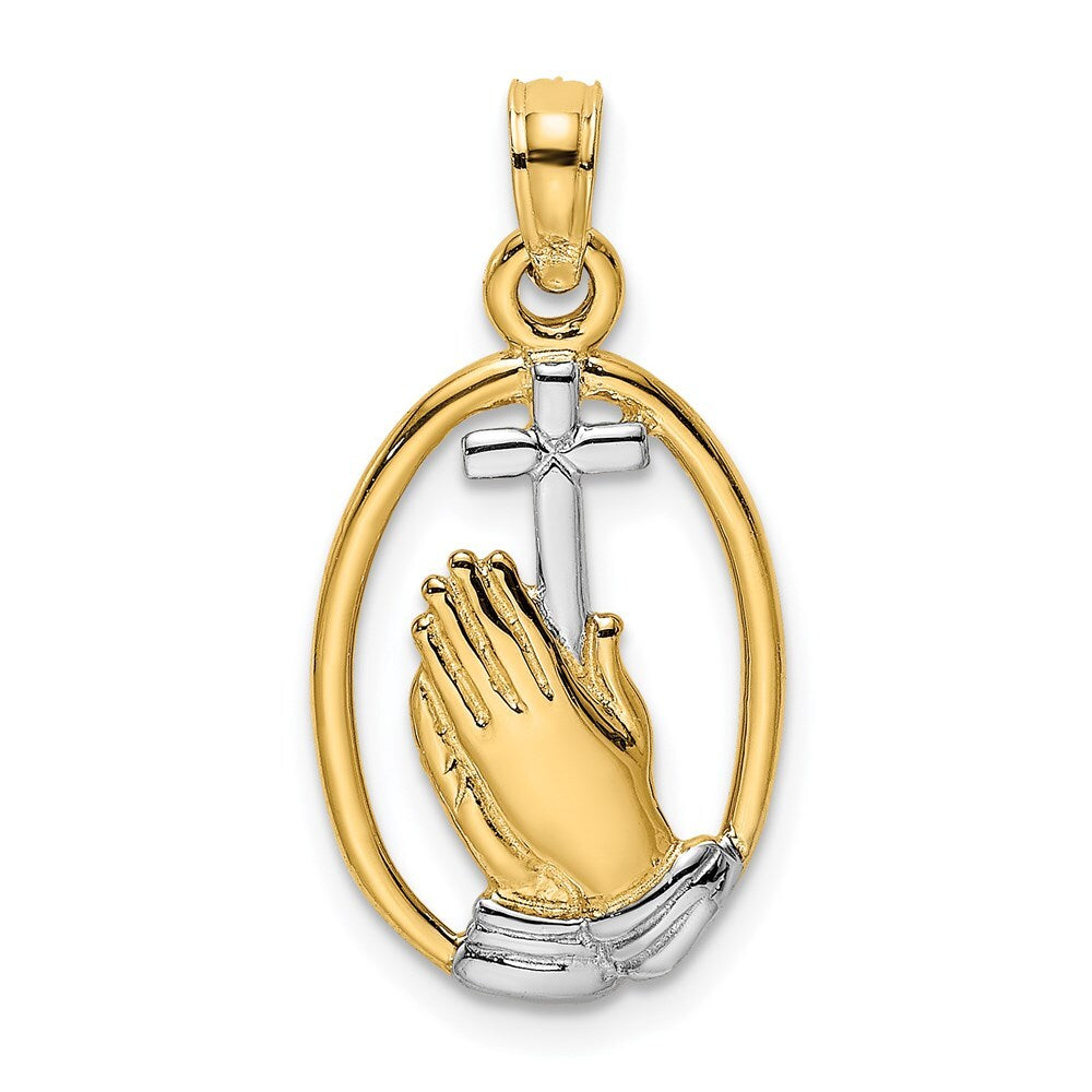 14k Yellow Gold  Rhodium Praying Hands and Cross Charm Pendant for Women