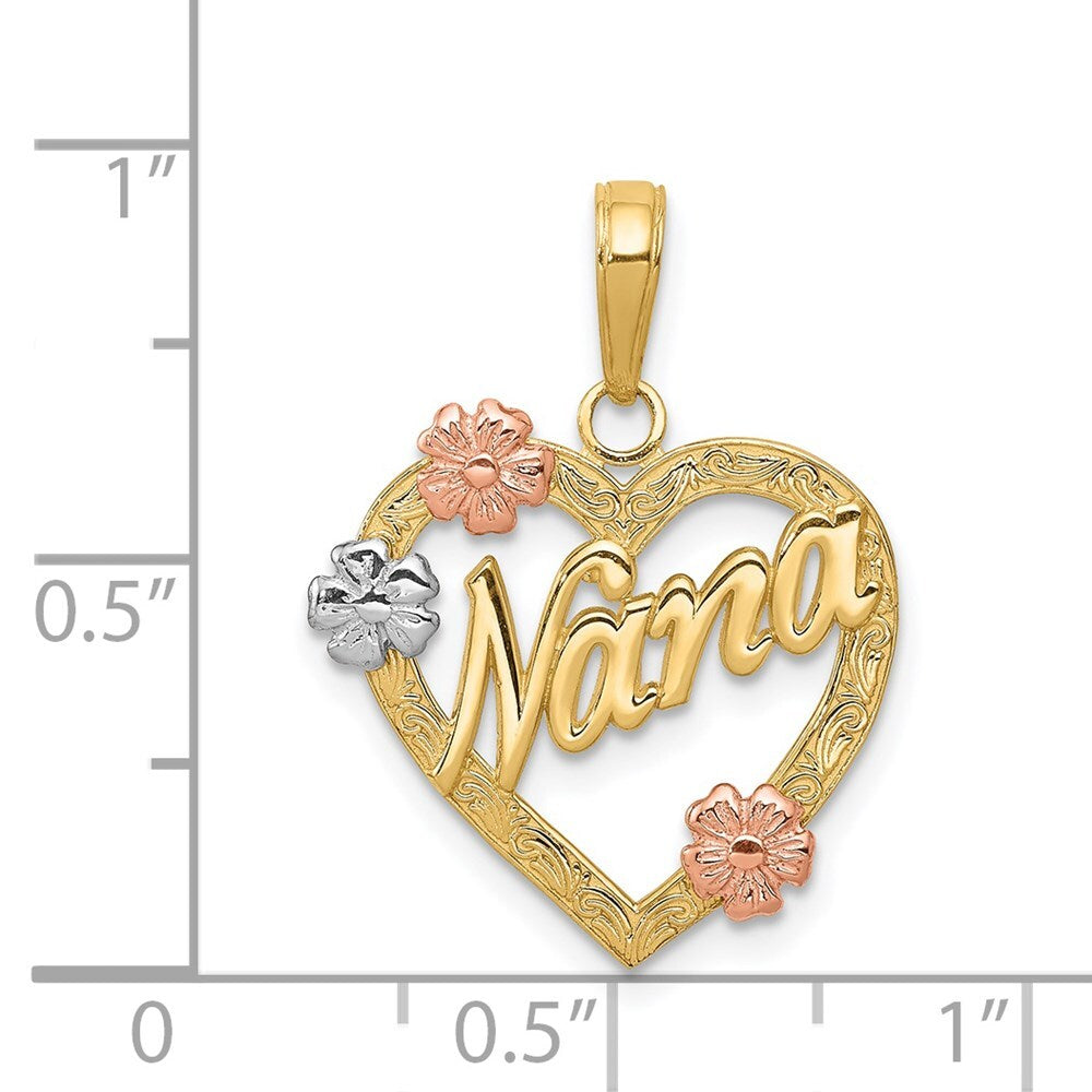 14k Tri-Color Gold Tri-color NANA in Heart with Flowers Pendant for Women