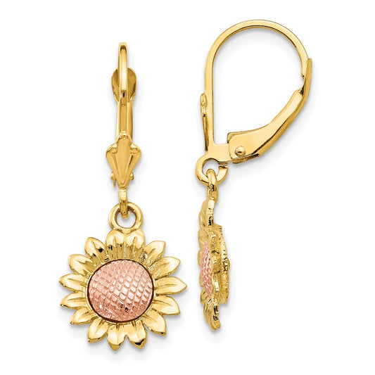 14k Two-tone Polished Sunflower Drop Dangle Earrings