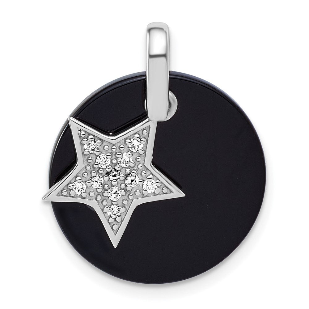Sterling Silver Polished Onyx Circle with Cubic Zirconia Star Dangle Pendant