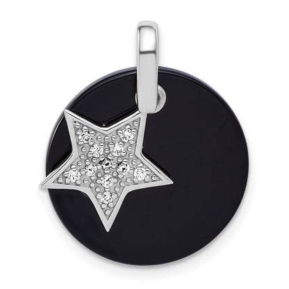 Sterling Silver Polished Onyx Circle with Cubic Zirconia Star Dangle Pendant