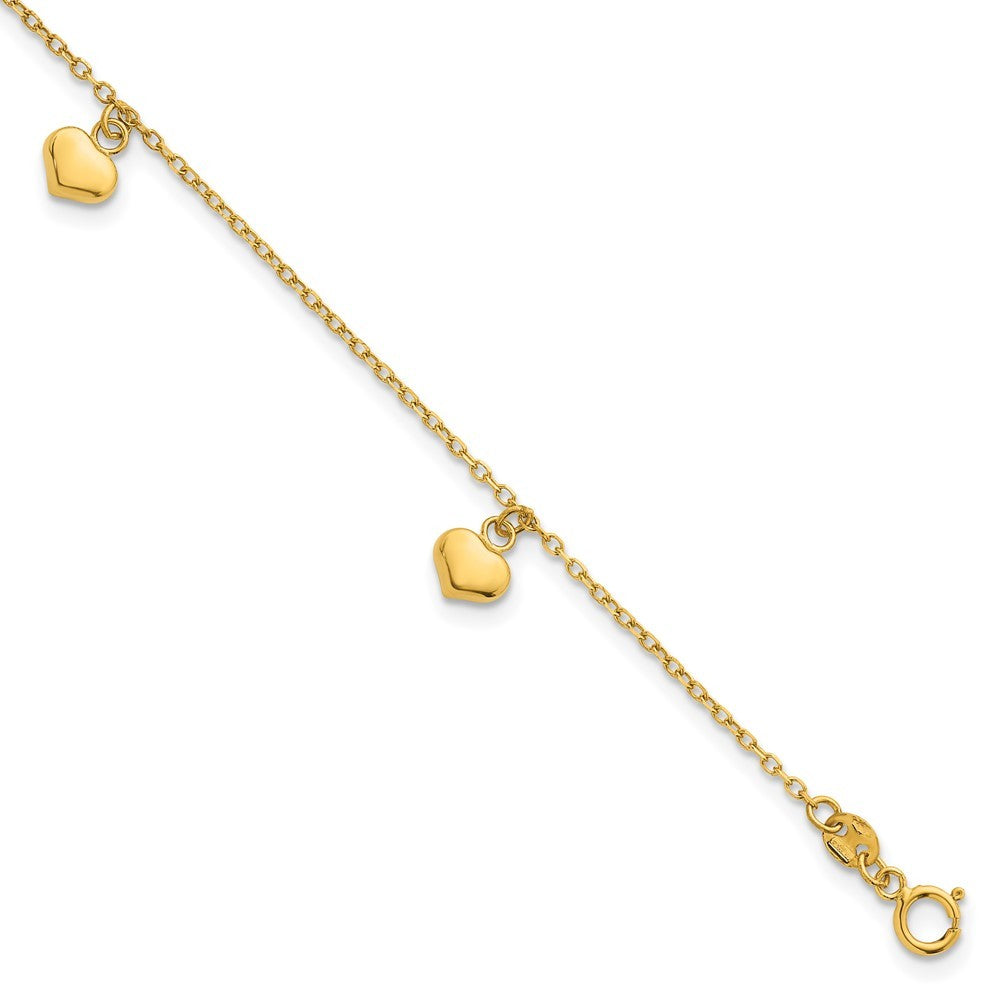 14k Yellow Gold  Three Puffed Heart Dangle 6.5" Bracelet Plus 0.75" Extender