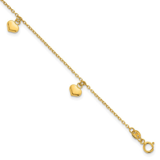 14k Yellow Gold  Three Puffed Heart Dangle 6.5" Bracelet Plus 0.75" Extender