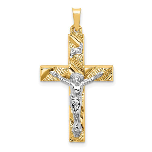 14k Two-tone Gold Hollow Polished Textured Latin Crucifix Pendant