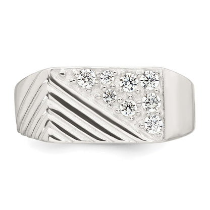 Sterling Silver Polished and Grooved CZ Men's Ring Size 9