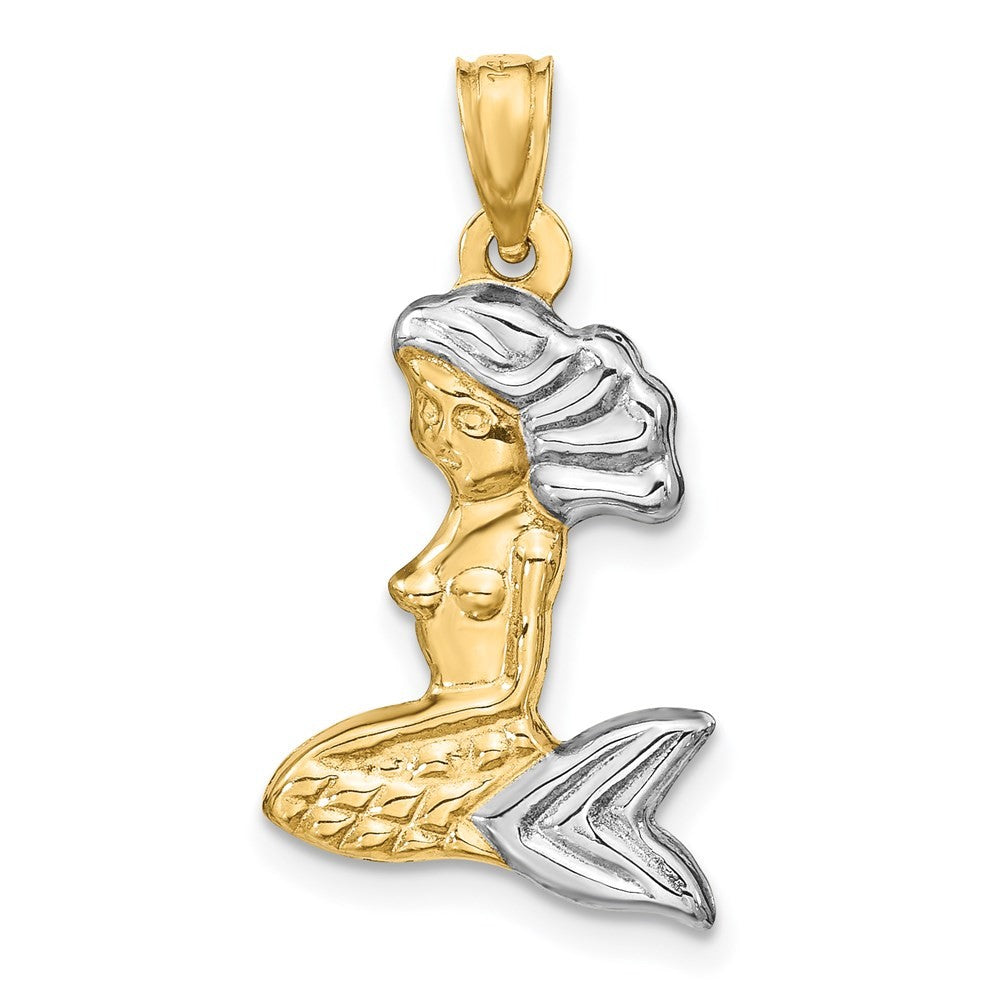 14k Yellow Gold with White Rhodium 3-D Mermaid Pendant