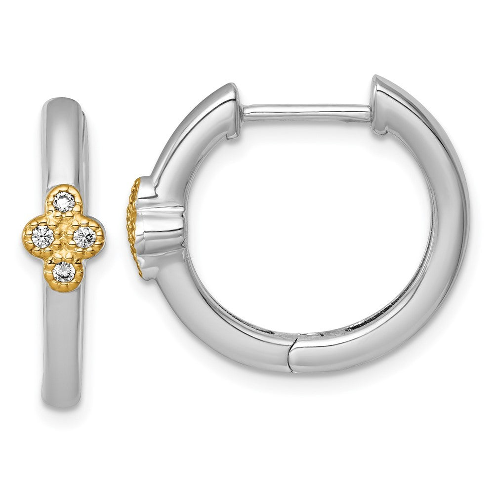 Sterling Silver Rhodium-plated with 14k Accent Polished CZ Hinged Hoop Earrings
