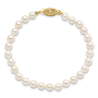14k Yellow Gold 5-6mm White Round Akoya Saltwater Cultured Pearl 7 inch Bracelet