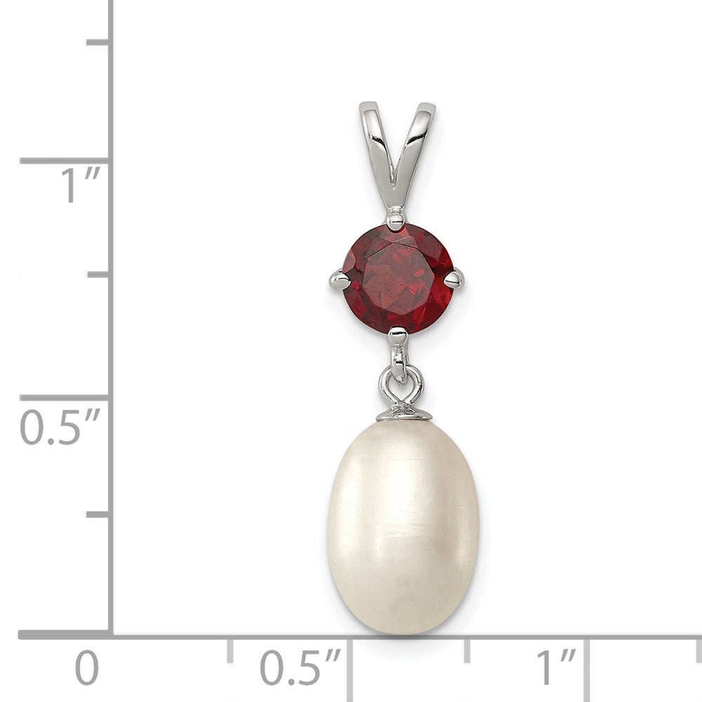 Sterling Silver 8-9mm White Freshwater Cultured Pearl and 1.00GA Garnet Pendant