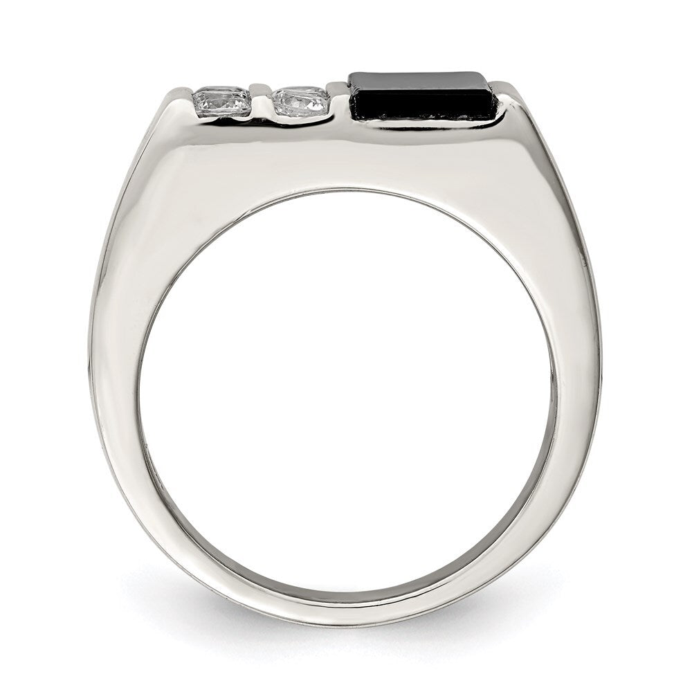 Sterling Silver Rhodium-plated Men's Cubic Zirconia and Onyx Ring Size 9
