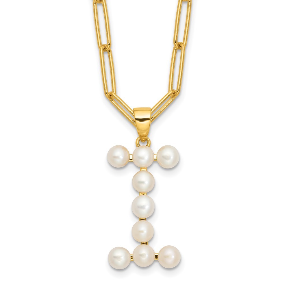 Sterling Silver 3-5.5mm White Button Cultured Pearl LETTER I Necklace 18"