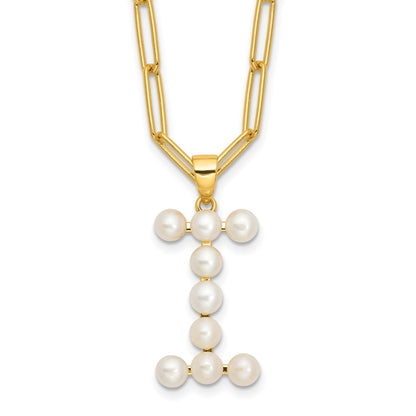 Sterling Silver 3-5.5mm White Button Cultured Pearl LETTER I Necklace 18"