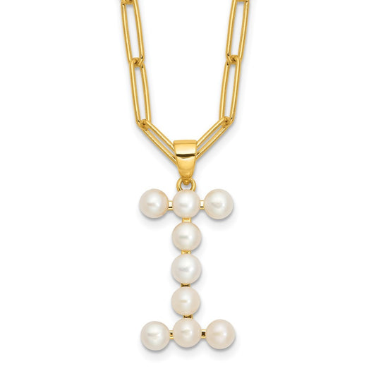Sterling Silver 3-5.5mm White Button Cultured Pearl LETTER I Necklace 18"