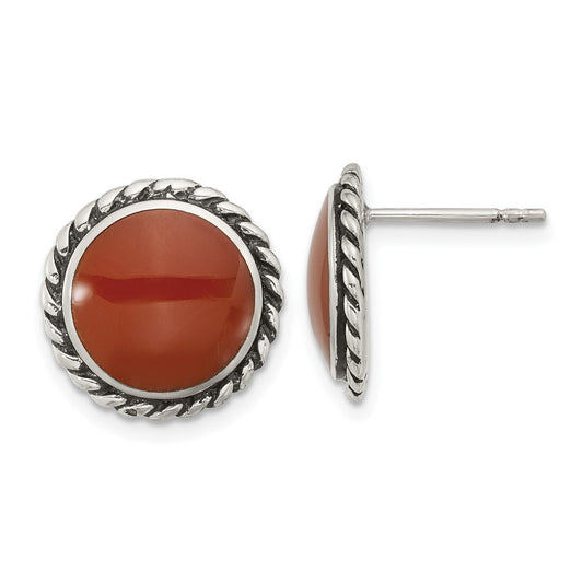 Sterling Silver Polished & Oxidized Twisted Edge Carnelian Earrings