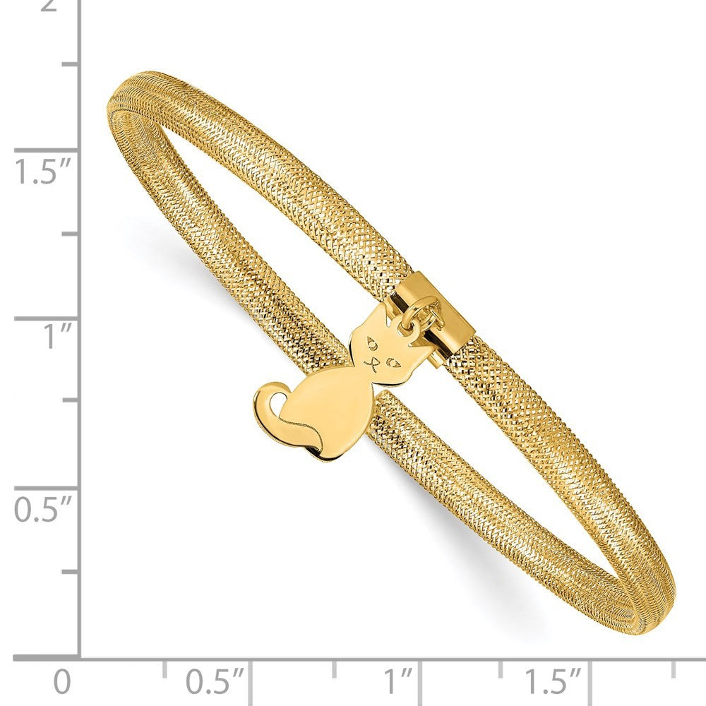 14k Yellow Gold 4mm Cat Dangle Woven Mesh Slip-on Stretch Bracelet