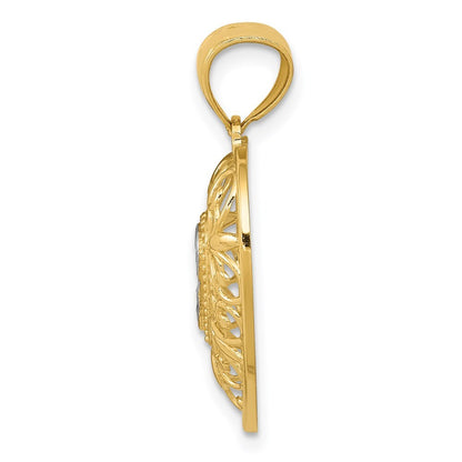 14k Yellow Gold and White Rhodium Polished Diamond-cut Filigree Heart Pendant