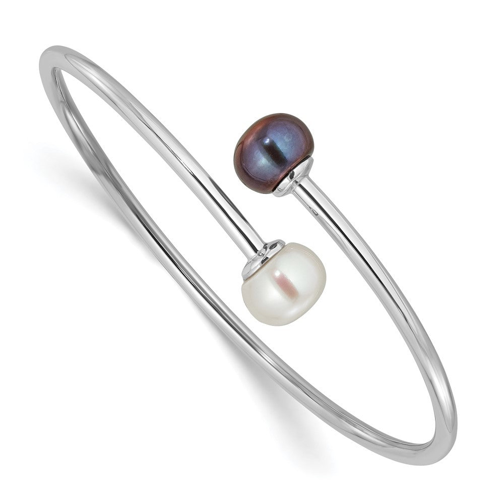 Sterling Silver 9-10mm Black and White Cultured Pearl Flexible Cuff Bangle