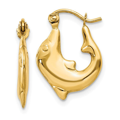 14k Yellow Gold Polished Dolphin Hoop Earrings Gift for Women