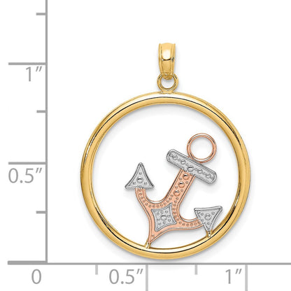 14k Two-tone Gold White Rhodium Anchor In Circle Charm Pendant