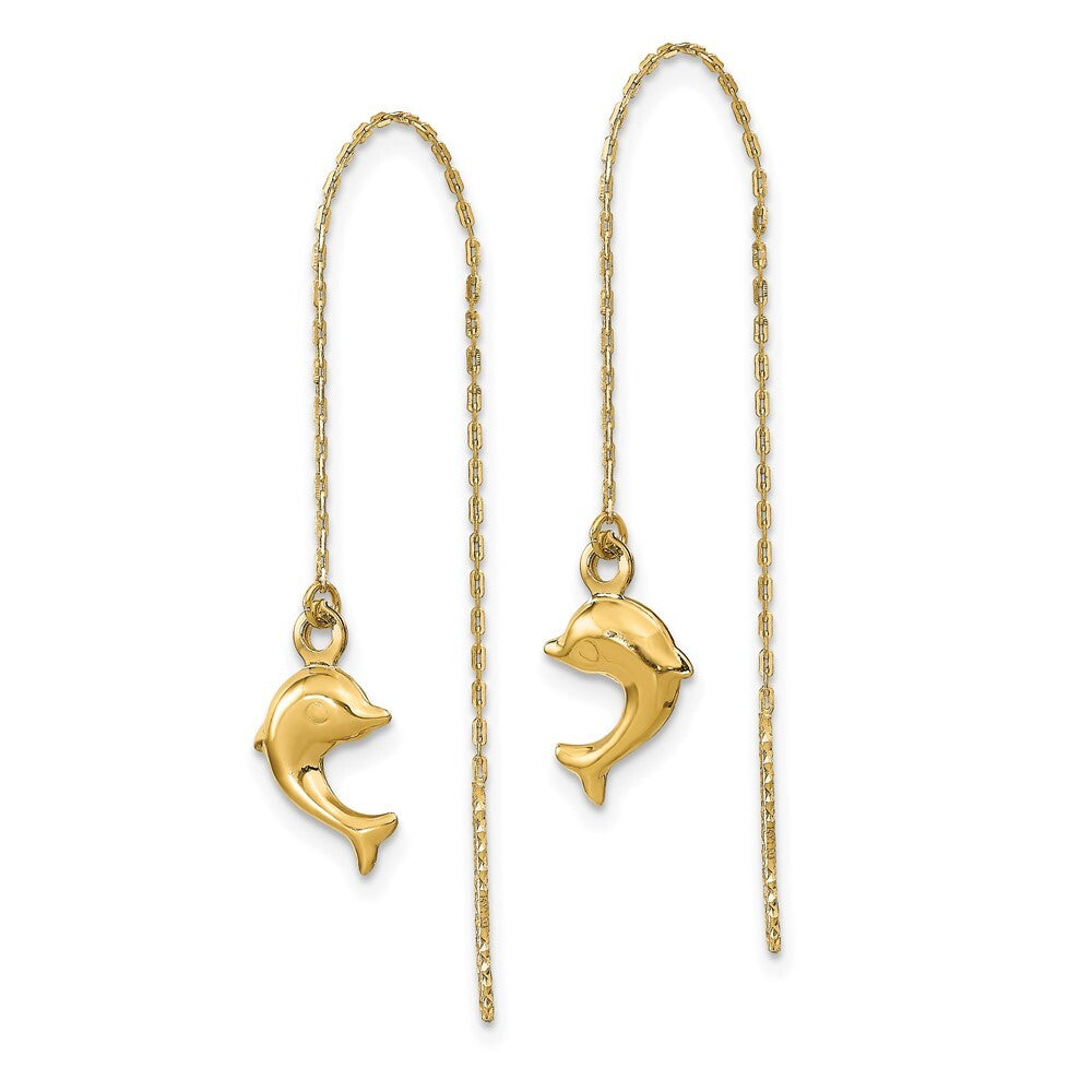 14k Yellow Gold Polished Dolphins Threader Earrings