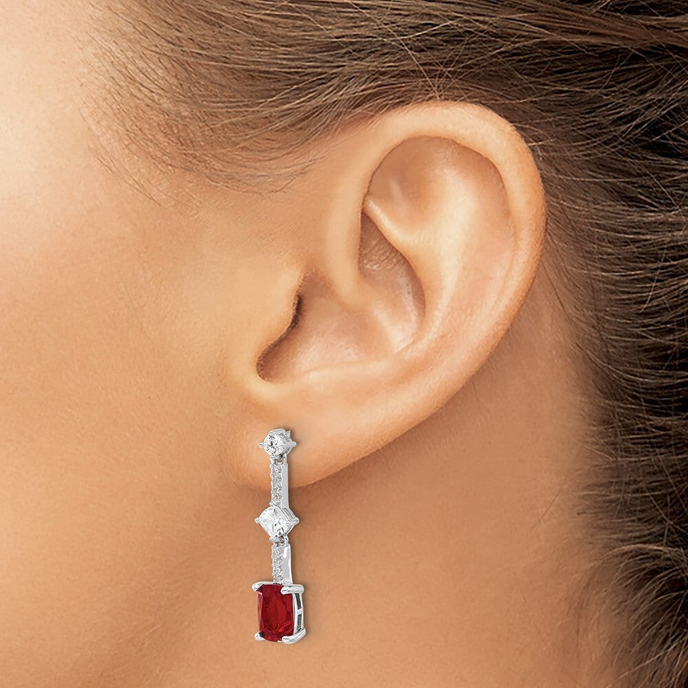 Sterling Silver Rhod-plated Fancy Red & White Cubic Zirconia Dangle Earrings