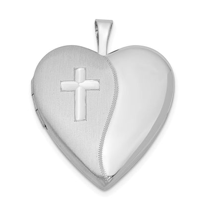 Sterling Silver Rhodium-plated 20mm Satin Polished Cross Heart Locket