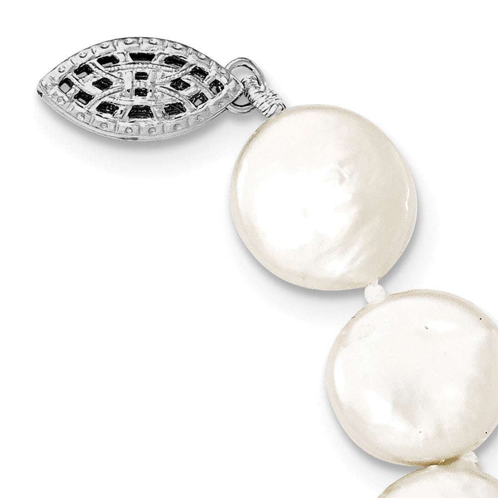 Sterling Silver Rhodium-plated 10-11mm White Coin Cultured Pearl Necklace 18"