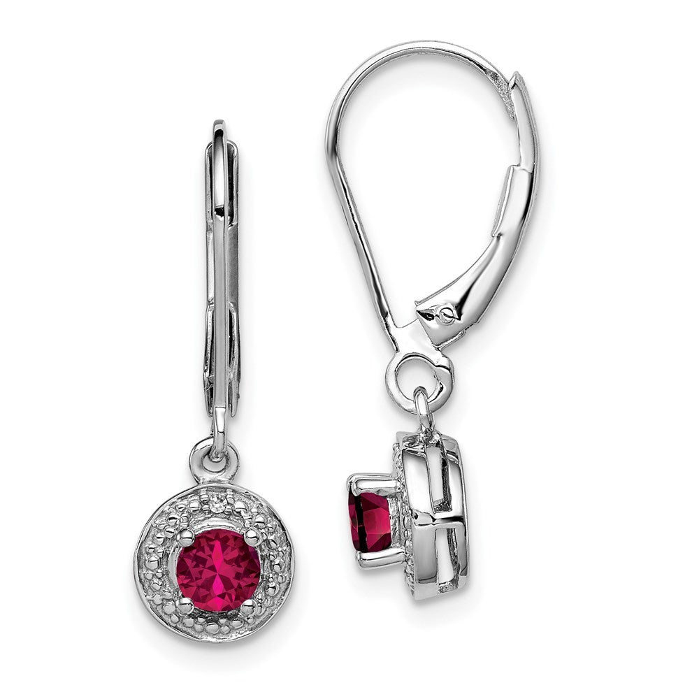Sterling Silver Rhodium Plated Lab Created Ruby & Diamond Halo Dangle Earrings