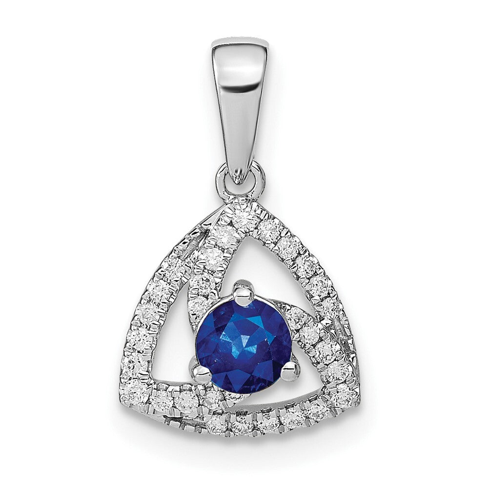14k White Gold Diamond and Blue Sapphire Triangle Pendant for Women