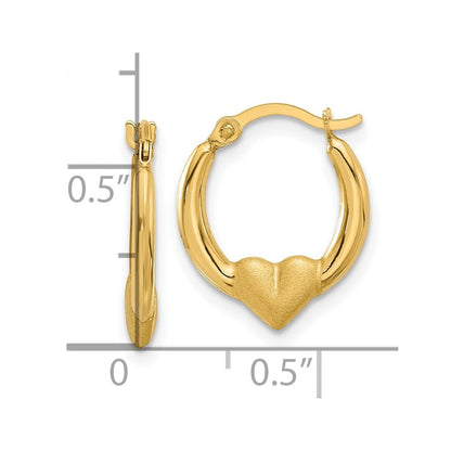14k Yellow Gold Polished and Satin Heart Hoop Earrings Gift for Women