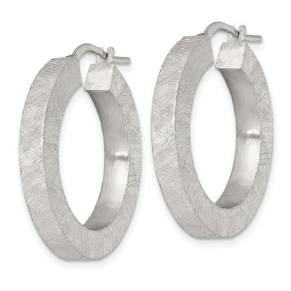 Sterling Silver Polished Brushed Textured Square Tube Hoop Earrings