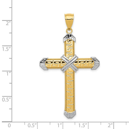 14k Yellow Gold And Rhodium Greek Key Cross Pendant for Women
