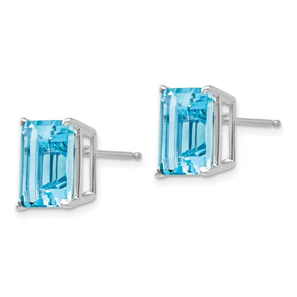 14k White Gold 10x8mm Emerald Cut Blue Topaz Stud Earrings Gift for Women