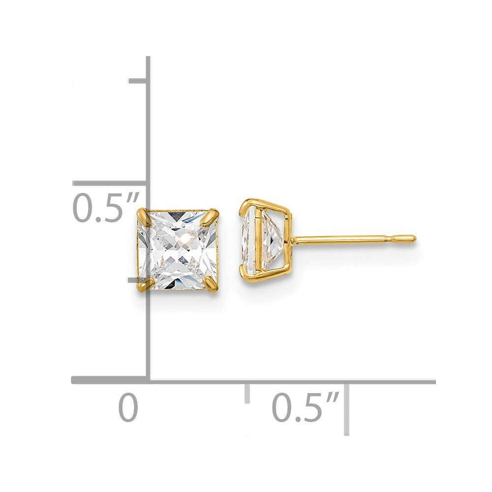 14k Yellow Gold 5mm Square Cubic Zirconia Basket Set Stud Earrings
