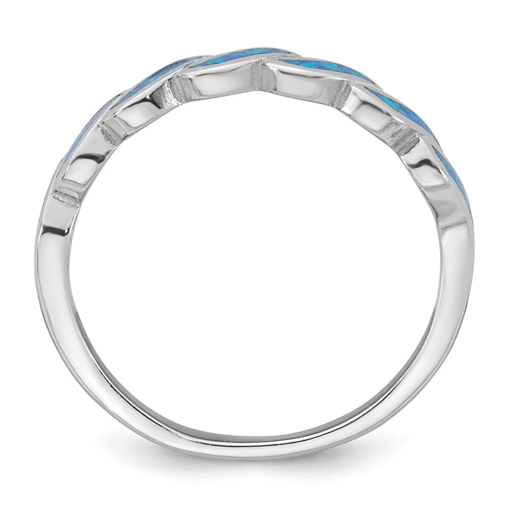 Sterling Silver Rhodium-plated Polished Blue Created Opal Wave Ring Size 8