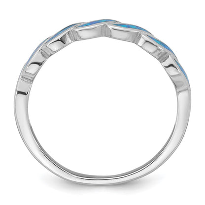Sterling Silver Rhodium-plated Polished Blue Created Opal Wave Ring Size 8