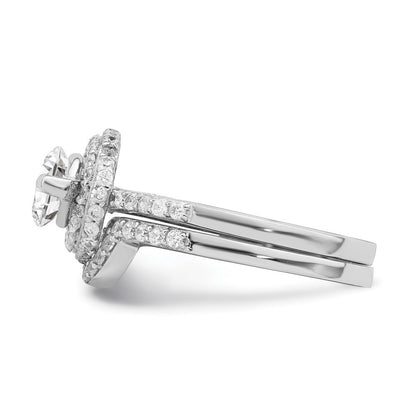 Sterling Silver Rhodium-plated CZ Halo Engagement Ring & Band Set Size 7