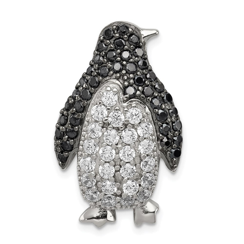 Sterling Silver Rhodium-plated Black & White Cubic Zirconia Penguin Chain Slide
