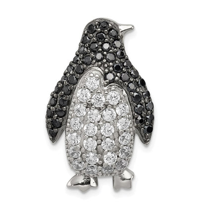 Sterling Silver Rhodium-plated Black & White Cubic Zirconia Penguin Chain Slide