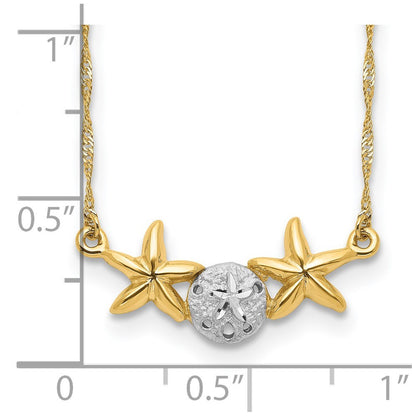 14k Yellow Gold White Rhodium Brushed Sand Dollar Starfish 18" Necklace