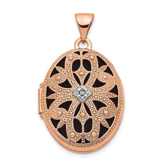 14k Rose Gold Diamond & Black Fabric Vintage 21mm Oval Locket Pendant