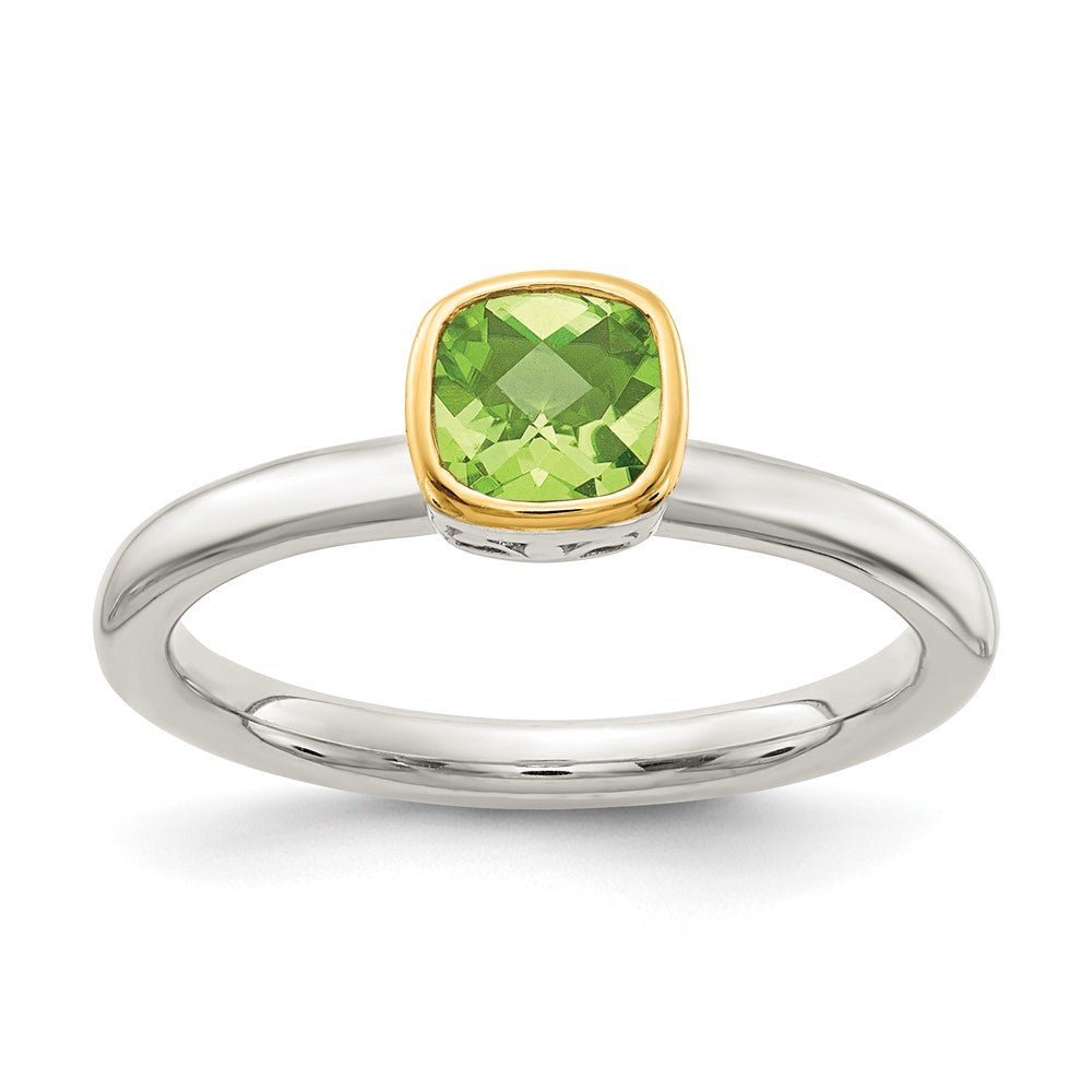 Sterling Silver Rhodium-plated with 14K Accent Polished Cushion-cut Peridot Ring