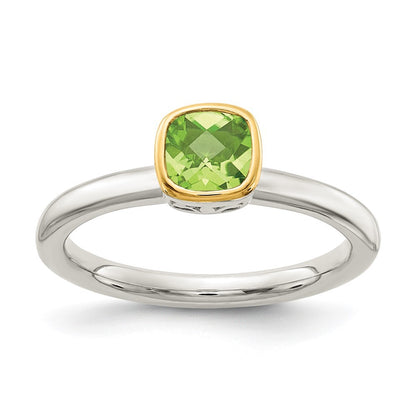 Sterling Silver Rhodium-plated with 14K Accent Polished Cushion-cut Peridot Ring