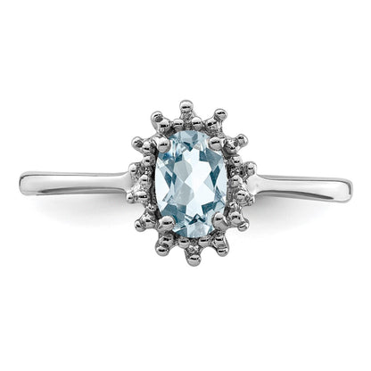 Sterling Silver Rhodium Aquamarine Diamond Ring Size 6