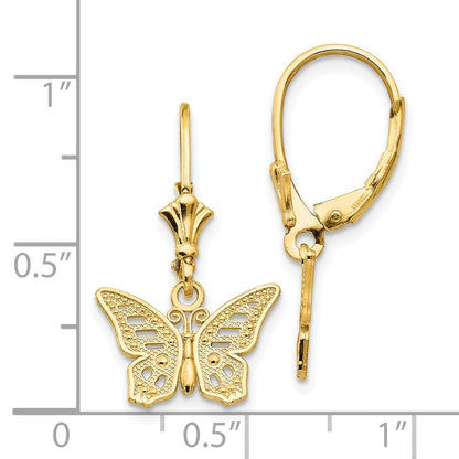 14k Yellow Gold Butterfly Drop Dangle Earrings